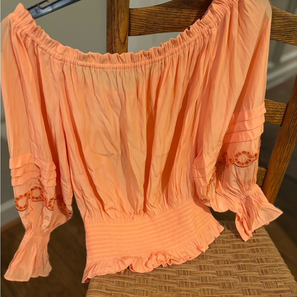 Ramy Brook Embellished Mellon color  Smocked Ruffled Blouse size M